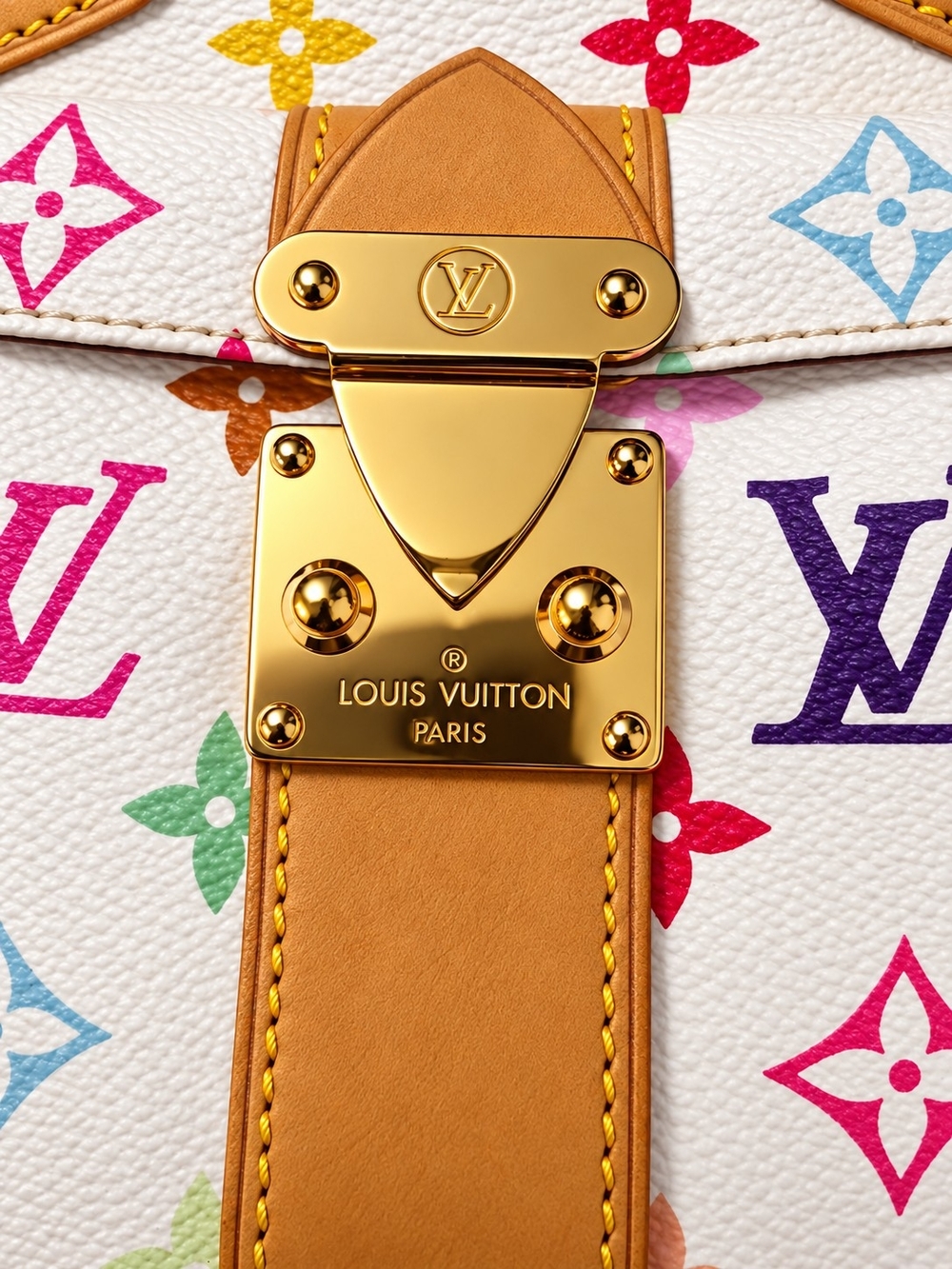 Louis Vuitton White Multicolor Monogram Satchel with Tan Handles - Picture 6 of 7